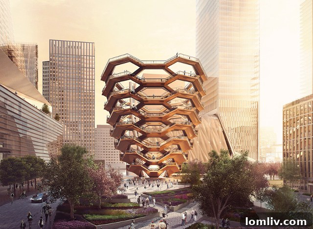 The nearly complete 'Vessel' structure by Heatherwick Studio in Hudson Yards, New York, showing its intricate honeycomb of staircases.