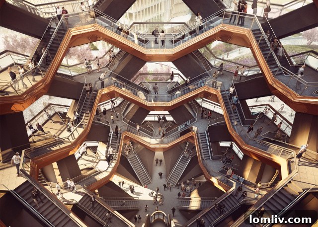 A closer view of 'Vessel' in Hudson Yards, highlighting the geometric patterns and endless staircases, inspired by M.C. Escher.