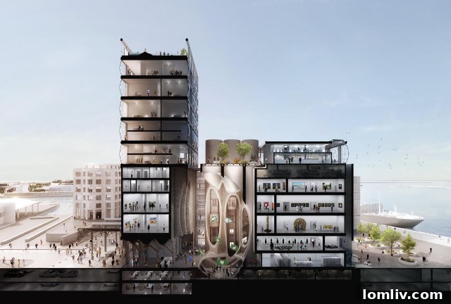 Cross-section rendering of the reformulated grain silo building, showing the carved-out interior for Zeitz MOCAA and the Silo Hotel.