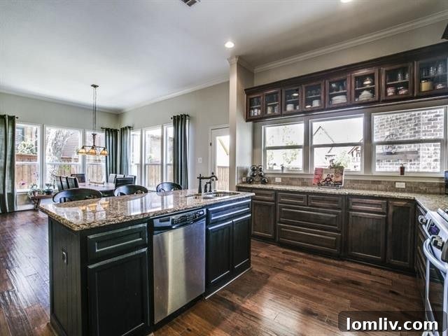 Gourmet kitchen with dark wood cabinetry and granite countertops