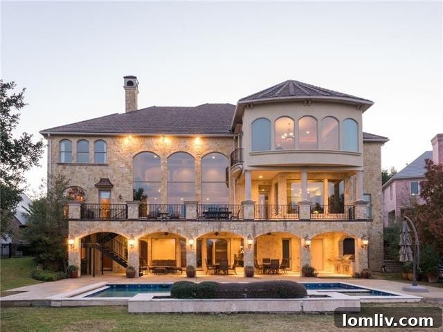 Expansive outdoor patio with swimming pool overlooking golf course