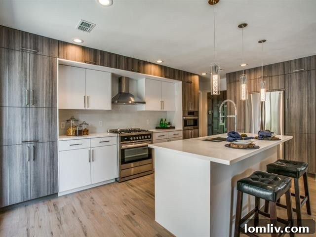 Stylish kitchen with quartz countertops and an island, imported from Spain.