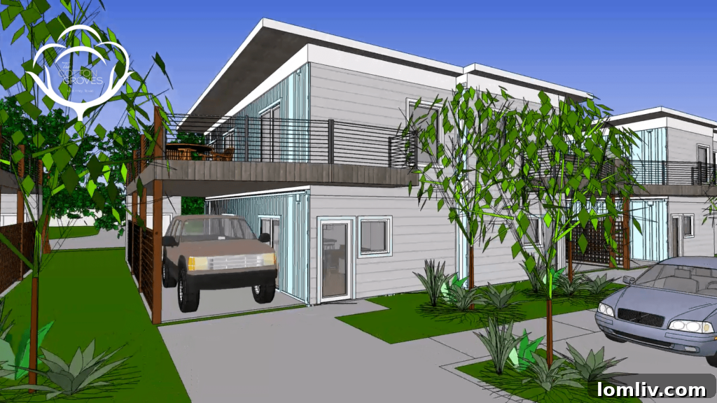 Architectural rendering of Cotton Groves shipping container homes: Modern exteriors