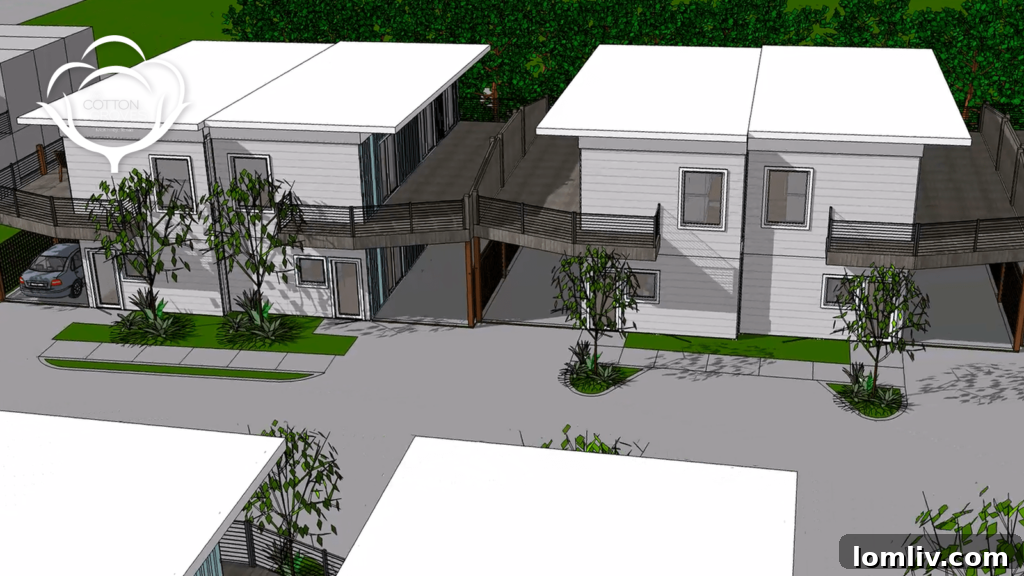 Close-up view of Cotton Groves homes featuring second-story patios and carports