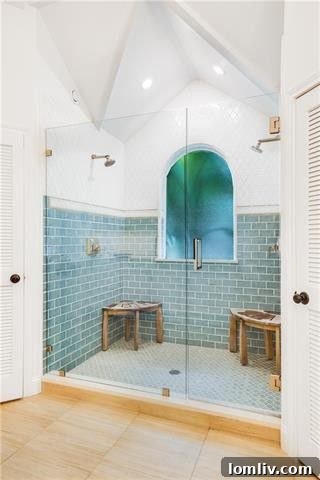 Master bathroom vanity with blue accents and modern lighting