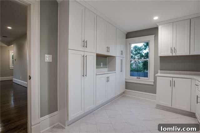 A well-organized laundry room within the spacious pantry