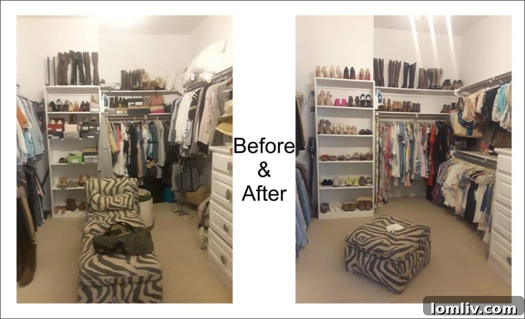 Before and after transformation of a closet by Sort + Space, showing how to organize many items for easy access.