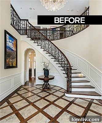 Updated staircase railing and new hardwood floors in the grand entryway of the Dallas estate