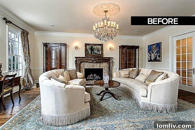 Grand living room with redesigned fireplace and new floating shelves, showcasing a fresh 2018 aesthetic