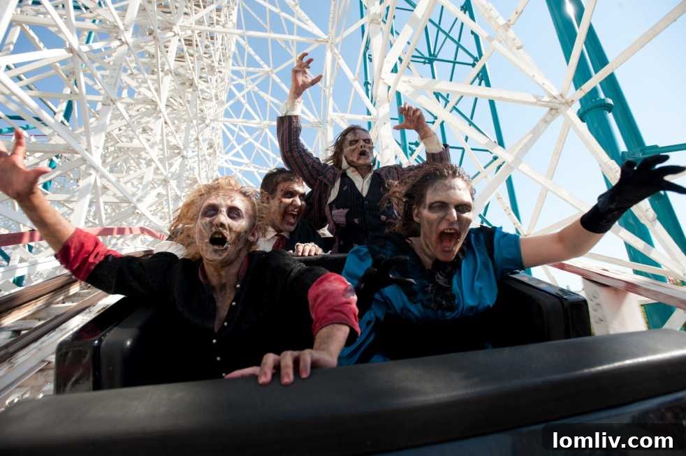 Fright Fest at Six Flags Over Texas, featuring spooky decorations and attractions
