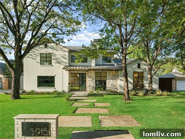 Front exterior view of the organic contemporary home at 5915 Del Roy Drive in Preston Hollow