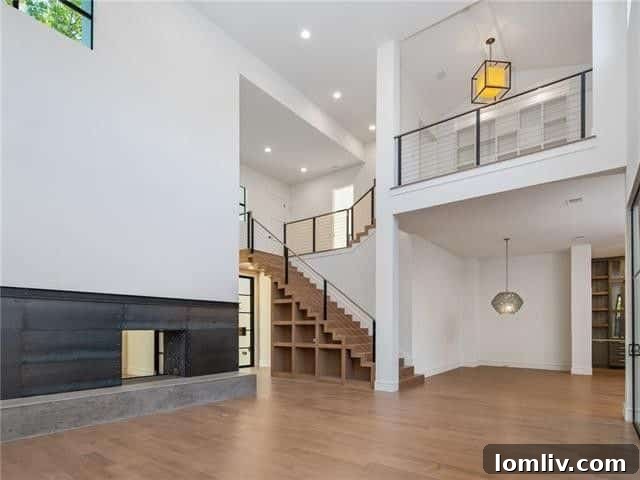 See-through fireplace connecting the study and front living room with raw steel panels