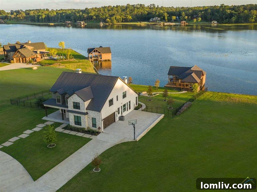 Stunning custom luxury home on Lake Cypress Springs, Winnsboro Texas for $1.2 million, front exterior view with lush landscaping.