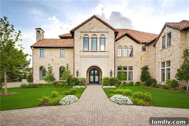 Grand living room with vaulted dark wood ceiling and stone accent walls in Dallas Tuscan villa