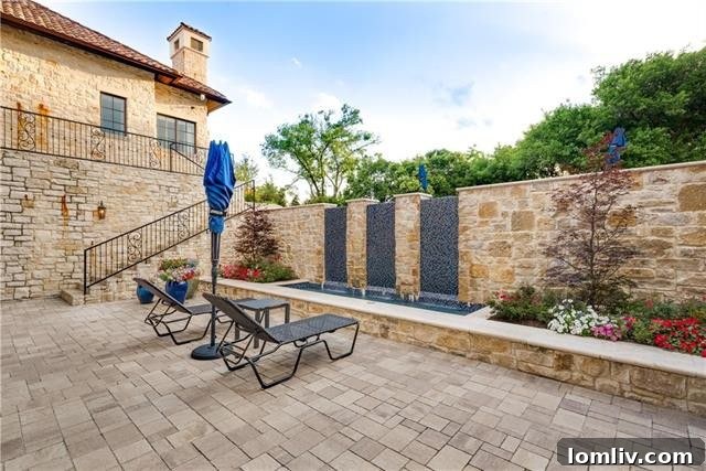 Beautifully illuminated pool and courtyard at dusk, ideal for entertaining