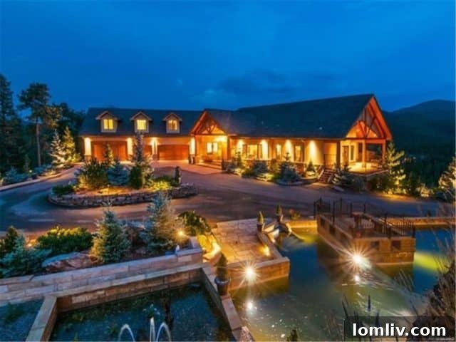 Expansive outdoor living area with a large, tranquil waterfall feature at a luxury Evergreen estate