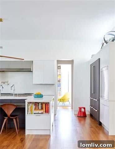 Close-up of the stylish kitchen island with integrated seating area for homework