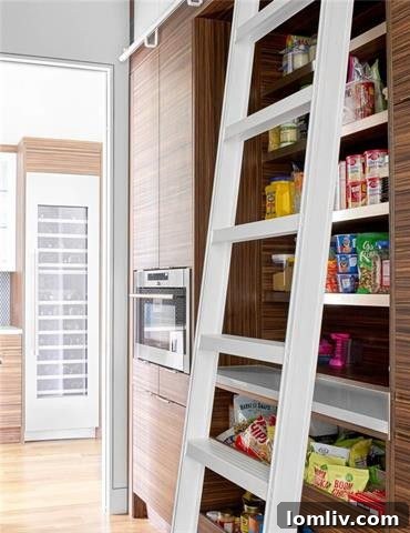 Pantry with a rolling ladder, showcasing efficient and accessible storage solutions
