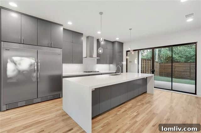 Contemporary living room with fireplace and view of the kitchen