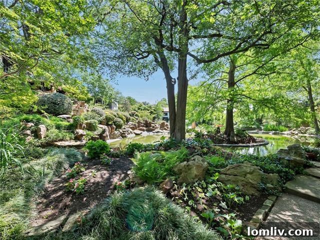 Lush landscaping and fountain in the private community pond
