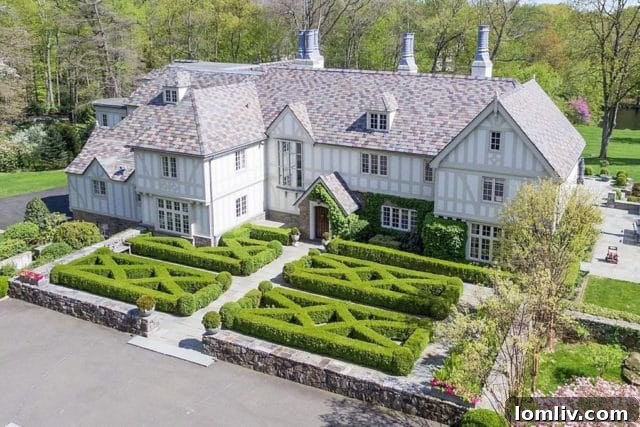 Greenwich English Manor exterior with classic boxwood gardens