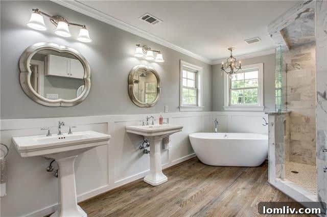 Spa-like master bathroom with soaking tub and marble shower