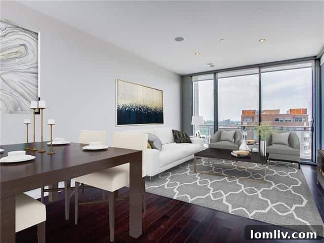 Modern interior design with hardwood floors and large windows