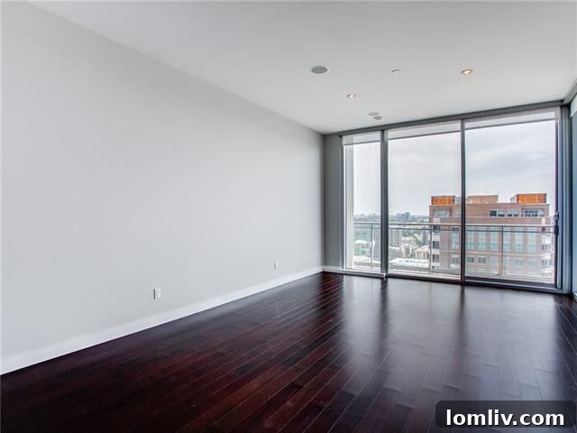 Open living space with artistic touches and cityscape