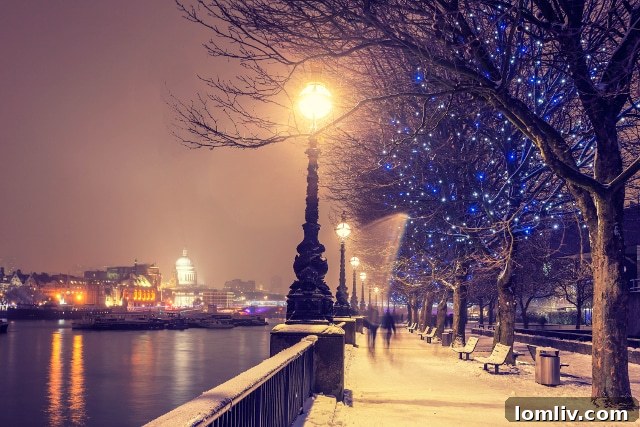 Winter walk along the Thames River with iconic London landmarks
