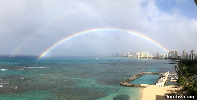 Double Rainbow arching over Waikiki Beach and Diamond Head