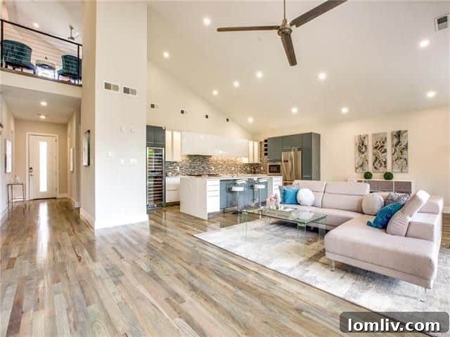 Modern Living Room with Sleek Fireplace and Tall Ceilings