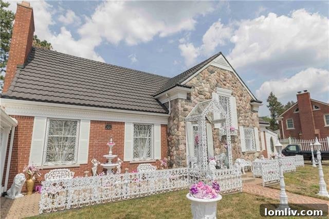 The striking exterior of the Lion Gate Estate, a unique home in Highland Park, Michigan