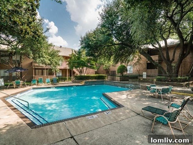 Community swimming pool with ample shade
