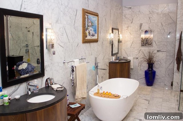 Luxurious Residential Bathroom with Marble, Wood, Granite, and a Vessel Bathtub at 2292 Vantage