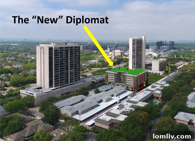 PD-15: Neighborhood Association Convenes to Address Allegations 3 A.G. Spanos rendering for the Diplomat lot, showing a proposed structure integrated between existing towers, with a suggested green roof.