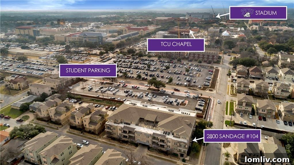 Proximity of 2800 Sandage Avenue #104 to TCU chapel and popular student areas.