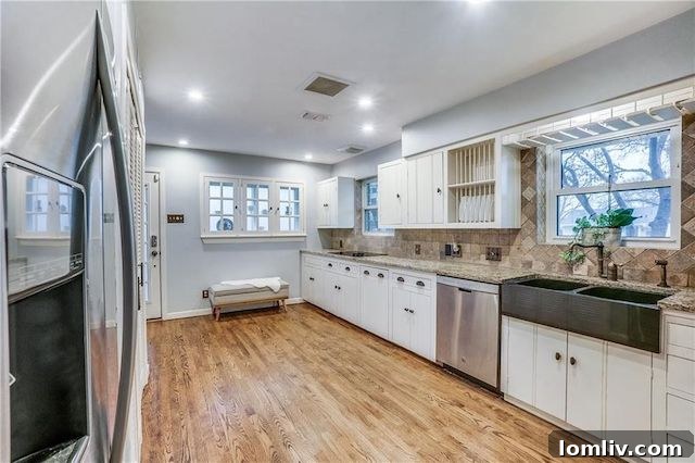 Detailed view of kitchen shelving and window nook for herb garden