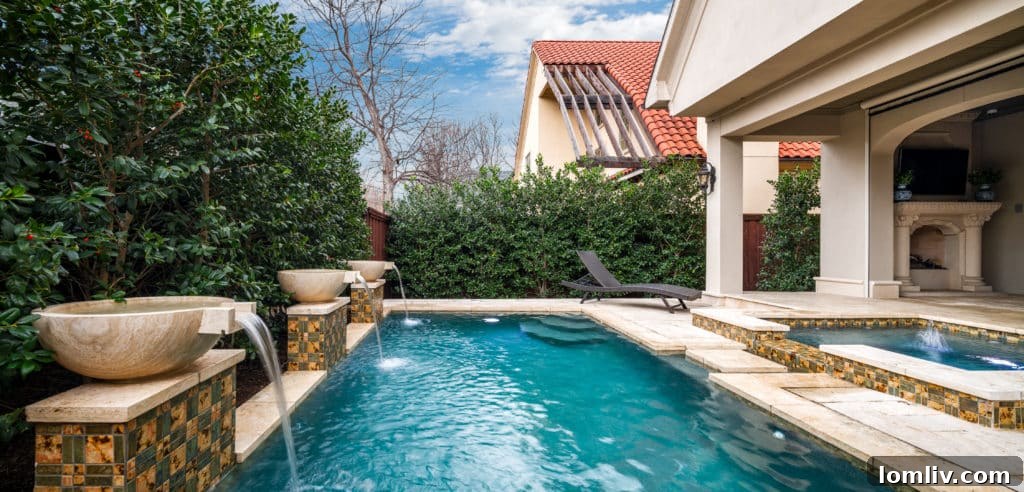 Luxurious Backyard with Outdoor Kitchen, Fireplace, and Elegant Pool in a Dallas Home