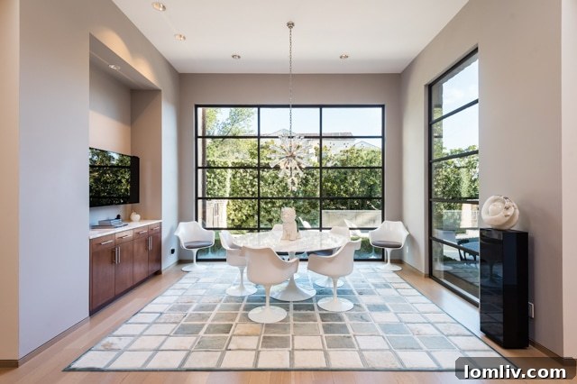 Elegant morning room with Sputnik chandelier and Calacatta Gold marble