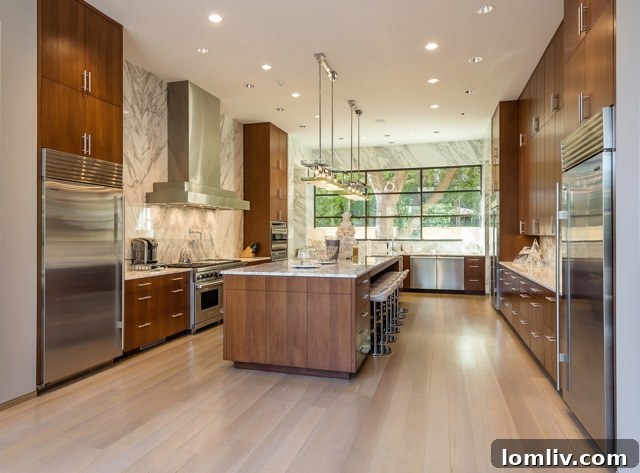 Gourmet kitchen with custom walnut cabinetry and professional appliances