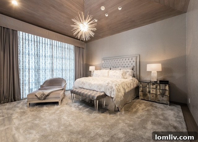 Luxurious master bedroom with cathedral ceiling and elegant draperies