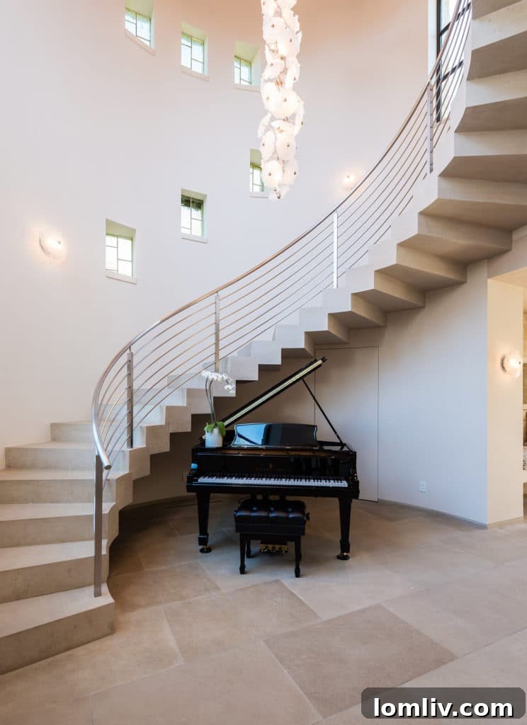 Elegant limestone staircase in the entry of a Highland Park luxury home
