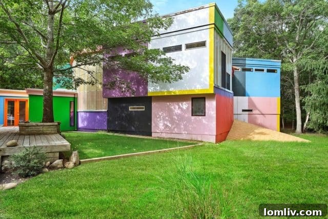 The intriguing exterior of the Bioscleave House in the Hamptons, showcasing its unique architectural style and vibrant entrance.