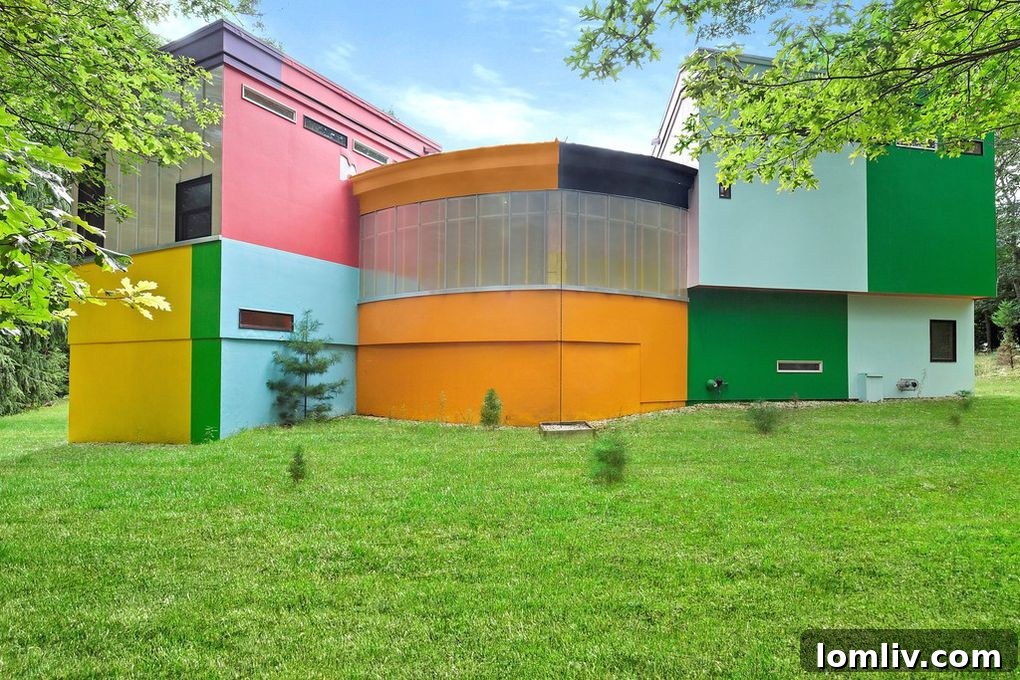 The vibrant and multi-colored interior of the Bioscleave House, showing the uneven floor and diverse hues on walls and ceilings, creating a stimulating visual experience.