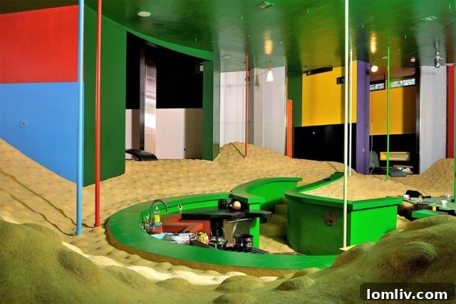 A close-up of an interior space within the Bioscleave House, highlighting the unique textures, vibrant colors, and irregular shapes on the walls and ceiling.