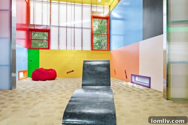 Another view of the Bioscleave House interior, showing a different room with its distinct architectural features, sloped surfaces, and bold color palette.