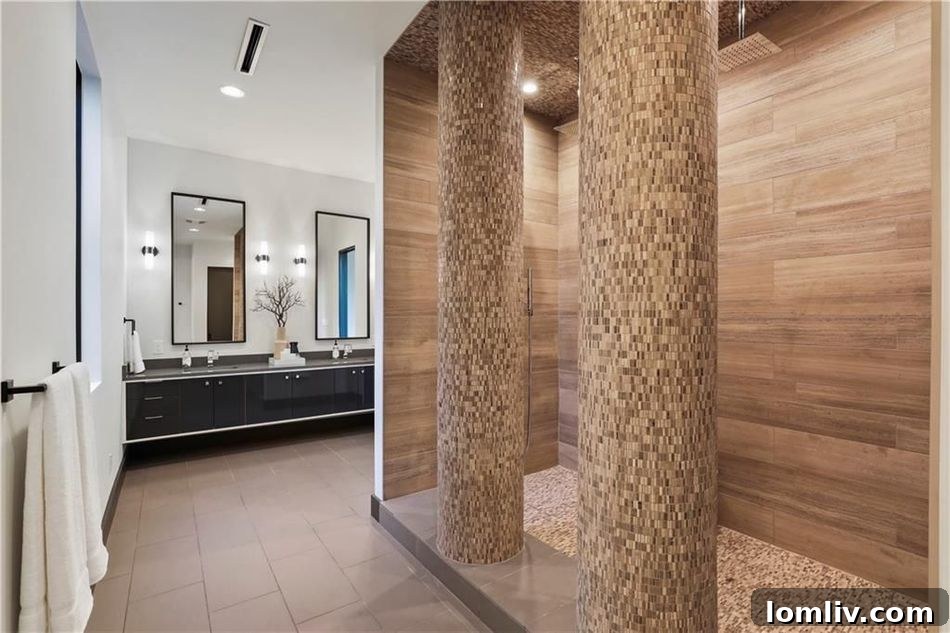 Modern bathroom with double vanity and walk-in shower