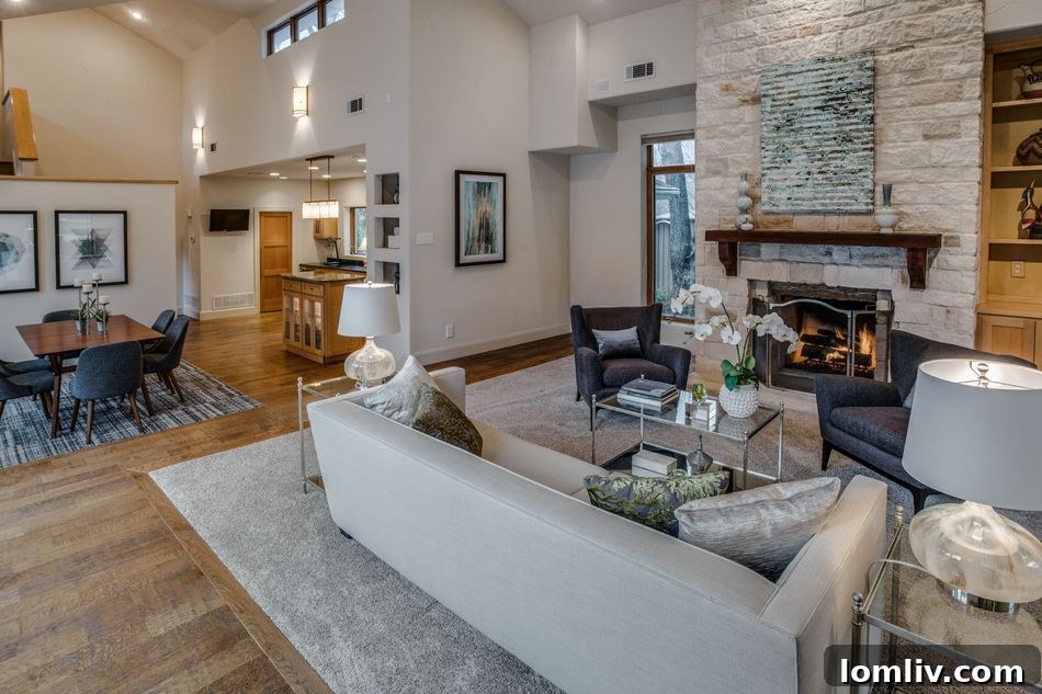 Inviting living room with vaulted ceilings and stone fireplace