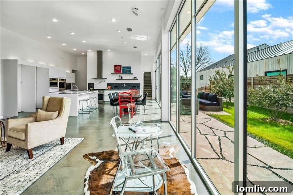 Open concept living area with 50-foot glass wall