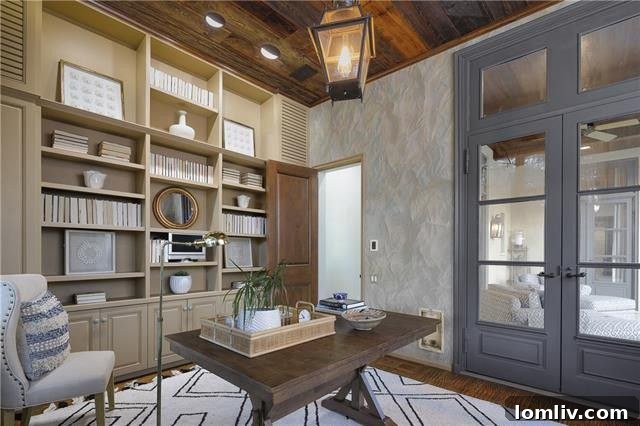 Study with rough-hewn ceiling treatments